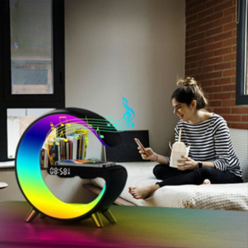 Luminária Bluetooth Inteligente Carregador Sem Fio Alarme Luz RGB